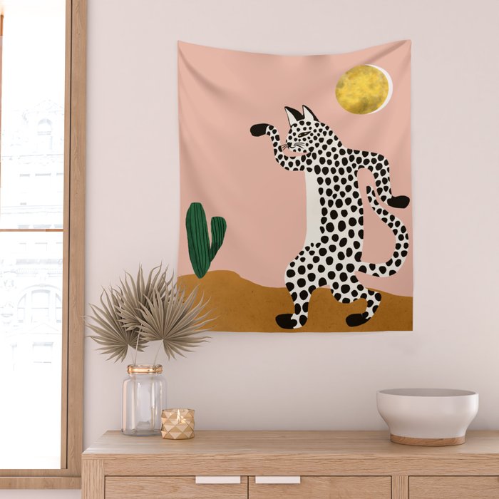 Jazzy Wild Cat, Dancing Leopard Animals Pets, Wildlife Bengal Cats Exotic, Cheetah Jungle Pastel Whimsical, Quirky Bohemian Modern Eclectic Wall Tapestry Gallery Image 2