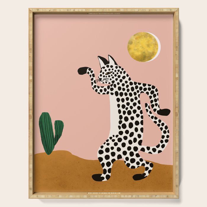 Jazzy Wild Cat, Dancing Leopard Animals Pets, Wildlife Bengal Cats Exotic, Cheetah Jungle Pastel Whimsical, Quirky Bohemian Modern Eclectic Serving Tray Gallery Image 1