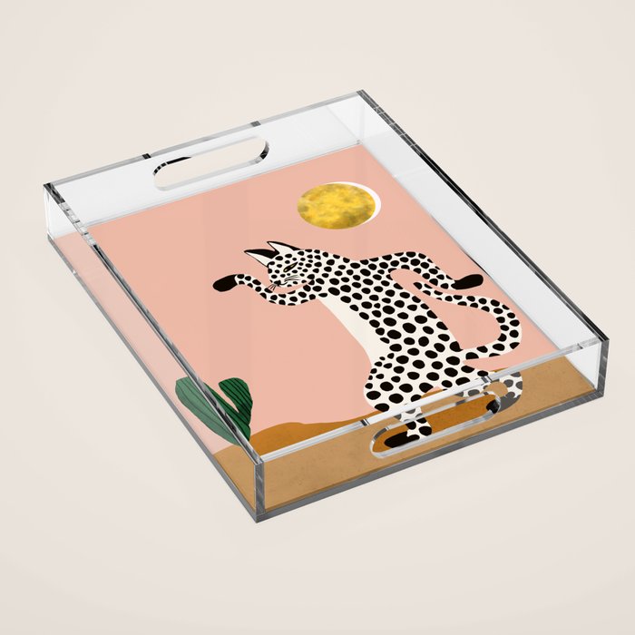 Jazzy Wild Cat, Dancing Leopard Animals Pets, Wildlife Bengal Cats Exotic, Cheetah Jungle Pastel Whimsical, Quirky Bohemian Modern Eclectic Acrylic Tray Gallery Image 1