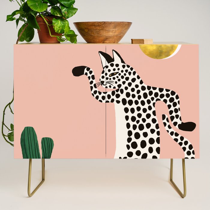 Jazzy Wild Cat, Dancing Leopard Animals Pets, Wildlife Bengal Cats Exotic, Cheetah Jungle Pastel Whimsical, Quirky Bohemian Modern Eclectic Credenza Gallery Image 1