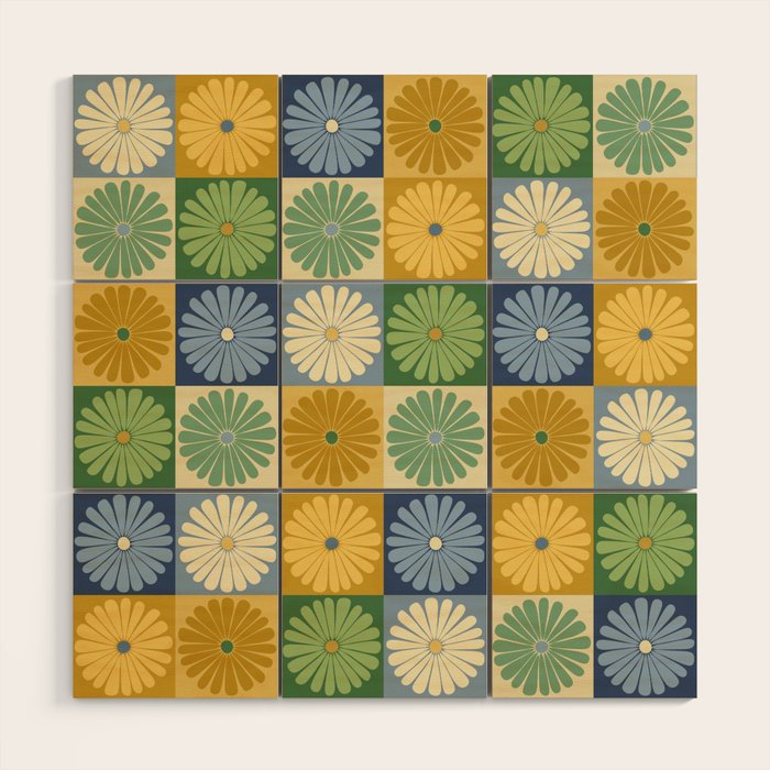 Retro Flowers Check Pattern XXI Wood Wall Art Gallery Image 1