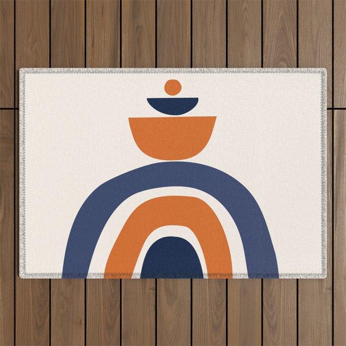 Abstract Shapes 14 in Orange and Navy Blue (Rainbow and Moon Phases Abstraction) Outdoor Rug Gallery Image 1