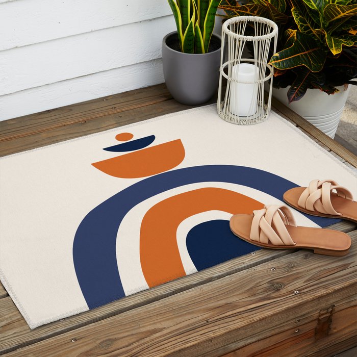 Abstract Shapes 14 in Orange and Navy Blue (Rainbow and Moon Phases Abstraction) Outdoor Rug Gallery Image 2