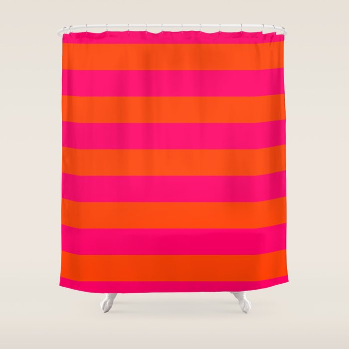 Bright Neon Pink and Orange Horizontal Cabana Tent Stripes Shower Curtain Gallery Image 1