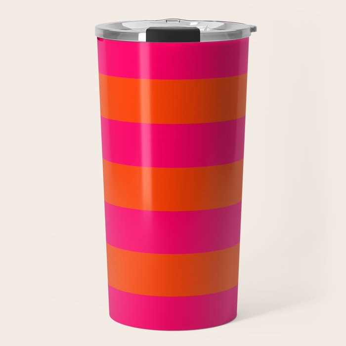 Bright Neon Pink and Orange Horizontal Cabana Tent Stripes Travel Mug Gallery Image 1