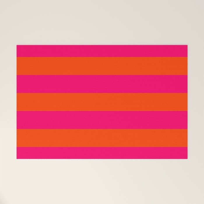 Bright Neon Pink and Orange Horizontal Cabana Tent Stripes Welcome Mat Gallery Image 1