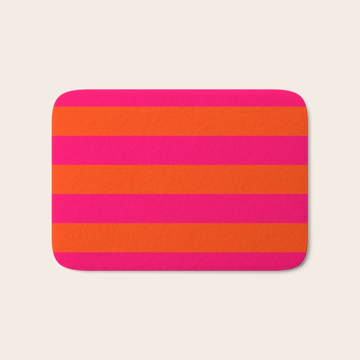 Bright Neon Pink and Orange Horizontal Cabana Tent Stripes Bath Mat Gallery Image 1