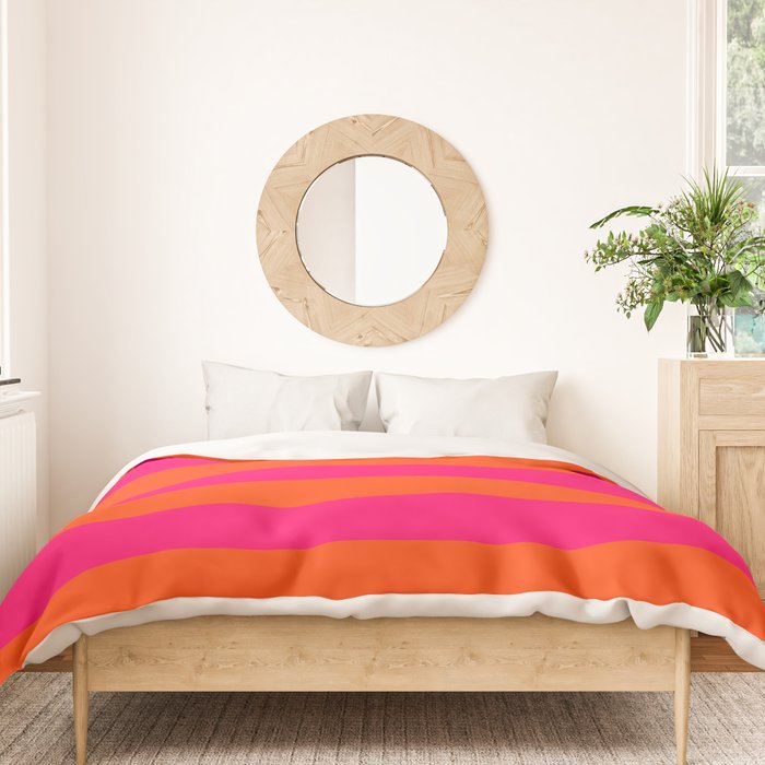 Bright Neon Pink and Orange Horizontal Cabana Tent Stripes Duvet Cover Gallery Image 3