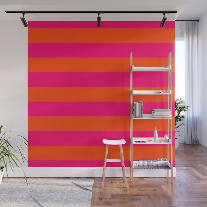 Bright Neon Pink and Orange Horizontal Cabana Tent Stripes Wall Mural Gallery Image 1