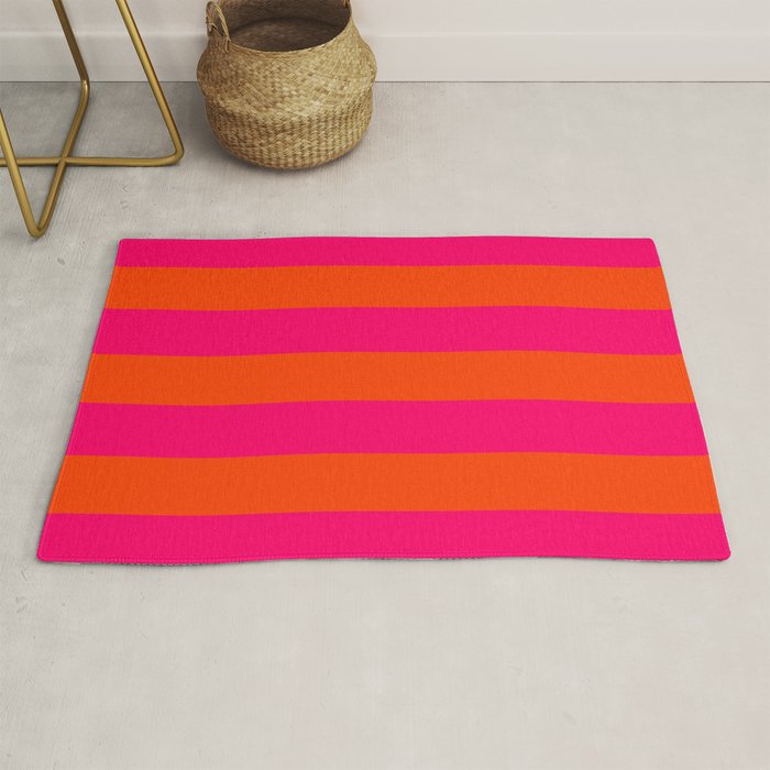 Bright Neon Pink and Orange Horizontal Cabana Tent Stripes Rug