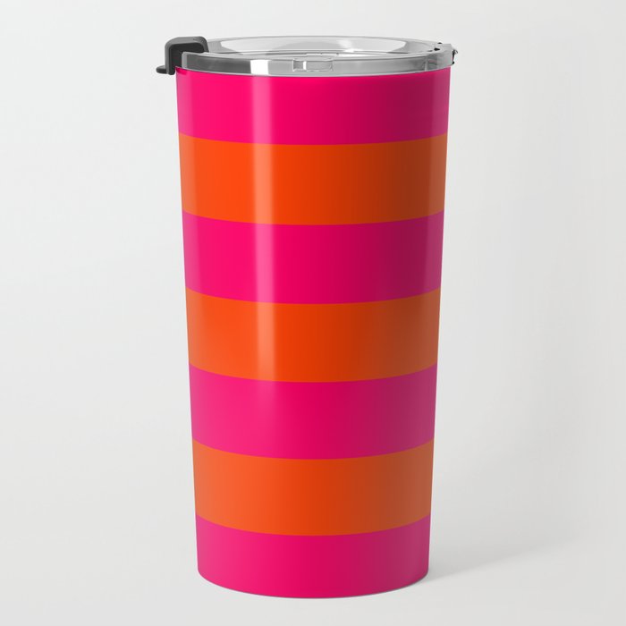 Bright Neon Pink and Orange Horizontal Cabana Tent Stripes Travel Mug Gallery Image 3