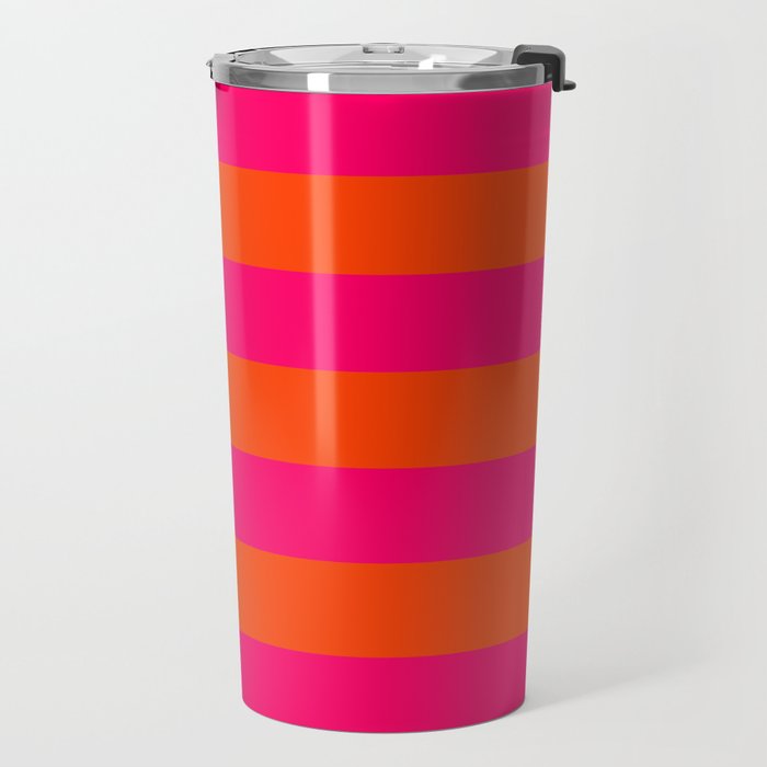 Bright Neon Pink and Orange Horizontal Cabana Tent Stripes Travel Mug Gallery Image 2