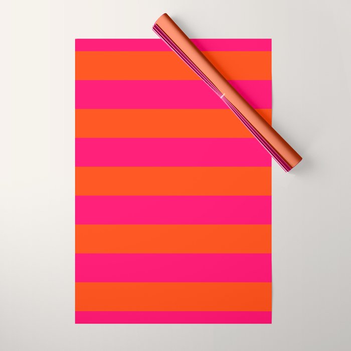 Bright Neon Pink and Orange Horizontal Cabana Tent Stripes Wrapping Paper Gallery Image 1
