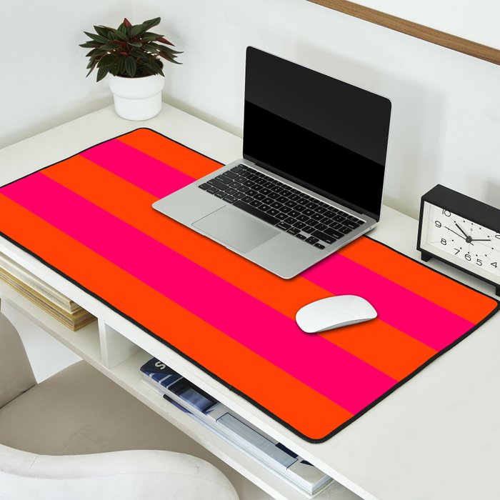 Bright Neon Pink and Orange Horizontal Cabana Tent Stripes Desk Mat Gallery Image 2