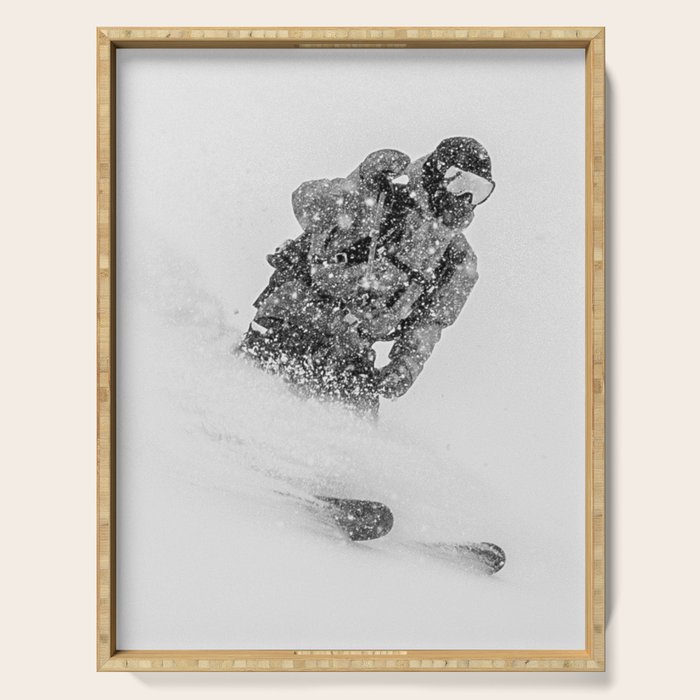 Ski Powder // Black and White Snowy Colorado Backcountry Skiing Whiteout Snowing Serving Tray Gallery Image 1