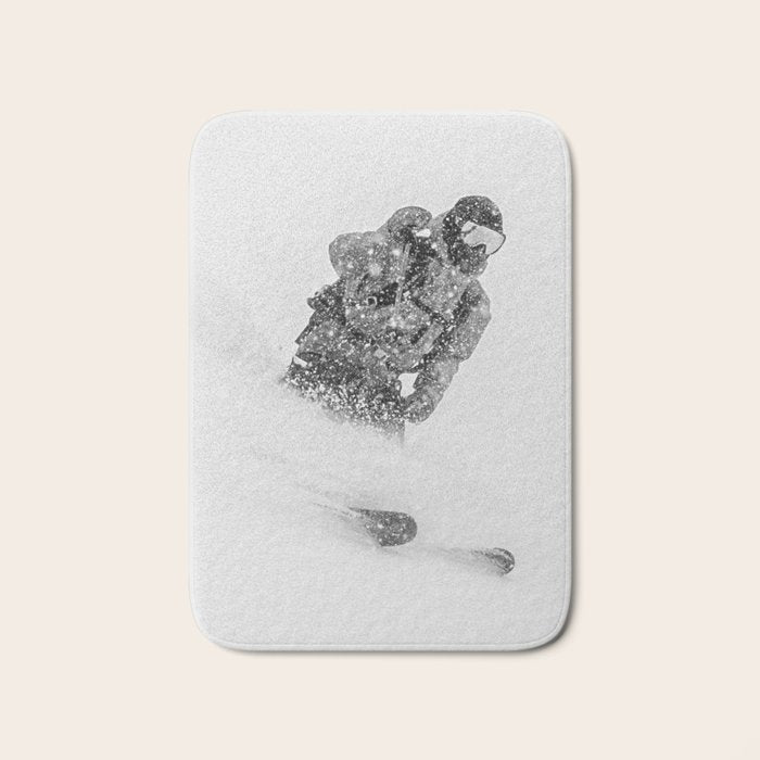 Ski Powder // Black and White Snowy Colorado Backcountry Skiing Whiteout Snowing Bath Mat Gallery Image 1