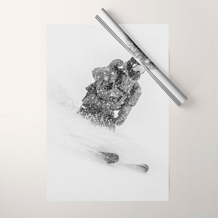 Ski Powder // Black and White Snowy Colorado Backcountry Skiing Whiteout Snowing Wrapping Paper Gallery Image 1