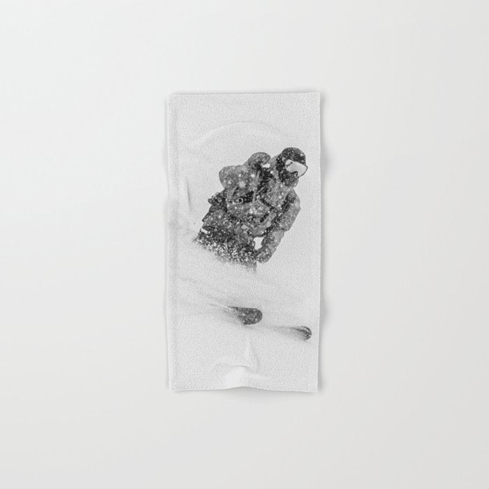 Ski Powder // Black and White Snowy Colorado Backcountry Skiing Whiteout Snowing Bath Towel Gallery Image 1