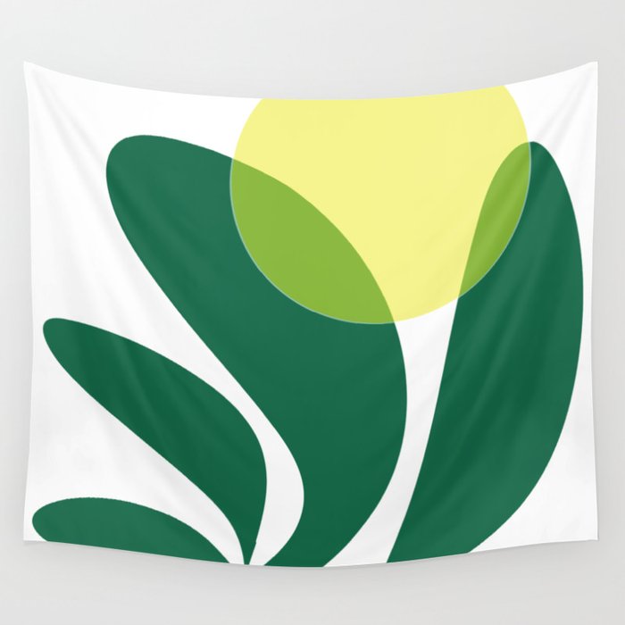 Yellow Sun Green Leaves Minimalism Wall Tapestry Gallery Image 1