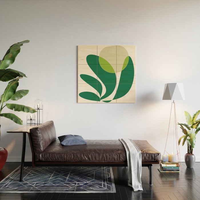 Yellow Sun Green Leaves Minimalism Wood Wall Art Gallery Image 2