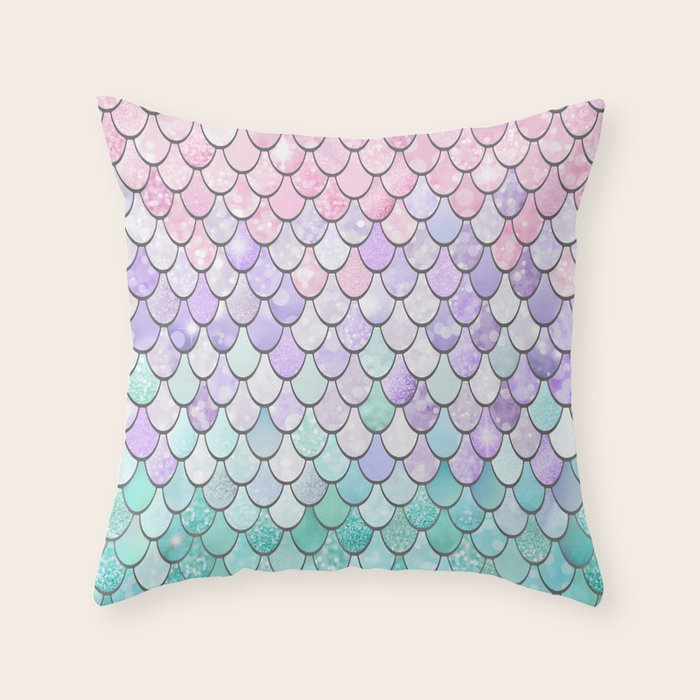 Cute Mermaid Pattern, Pink, Purple, Teal, Pastel Aesthetics Throw Pillow Gallery Image 6