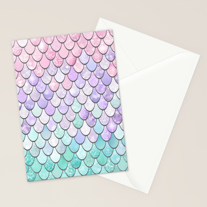 Cute Mermaid Pattern, Pink, Purple, Teal, Pastel Aesthetics Stationery Card Gallery Image 2