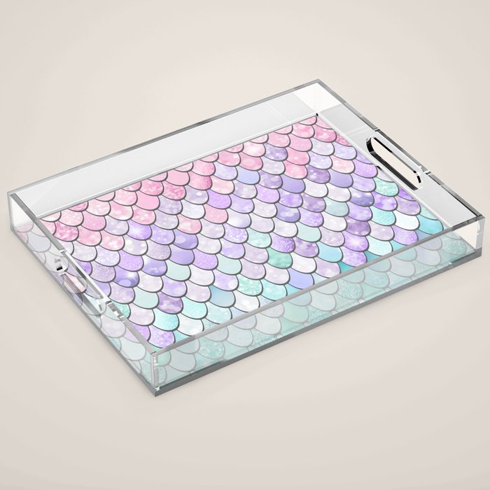 Cute Mermaid Pattern, Pink, Purple, Teal, Pastel Aesthetics Acrylic Tray Gallery Image 1