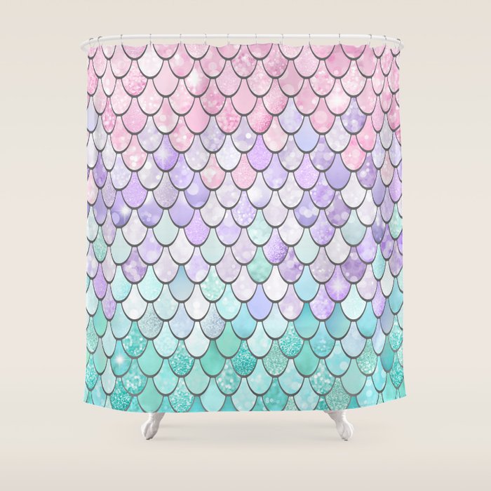 Cute Mermaid Pattern, Pink, Purple, Teal, Pastel Aesthetics Shower Curtain Gallery Image 1