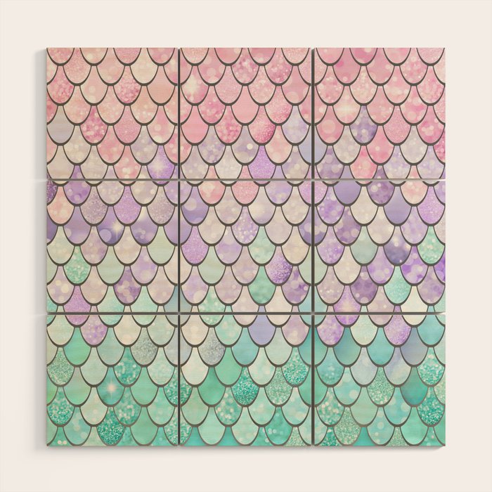 Cute Mermaid Pattern, Pink, Purple, Teal, Pastel Aesthetics Wood Wall Art Gallery Image 1