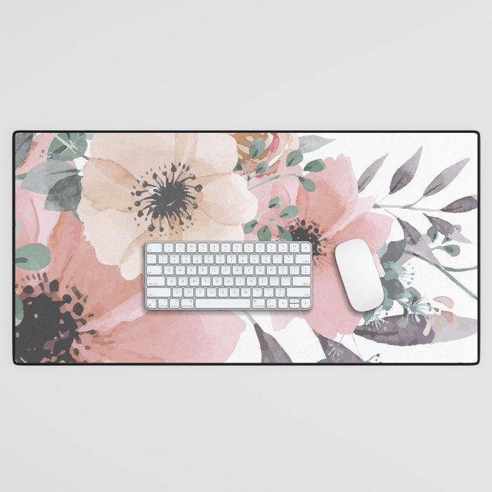 Watercolor, Blush Pink and Peach, Floral Prints Desk Mat Gallery Image 1