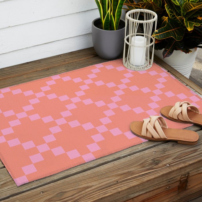 Diamond Quilted Plaid pattern red and pink Outdoor Rug Gallery Image 2