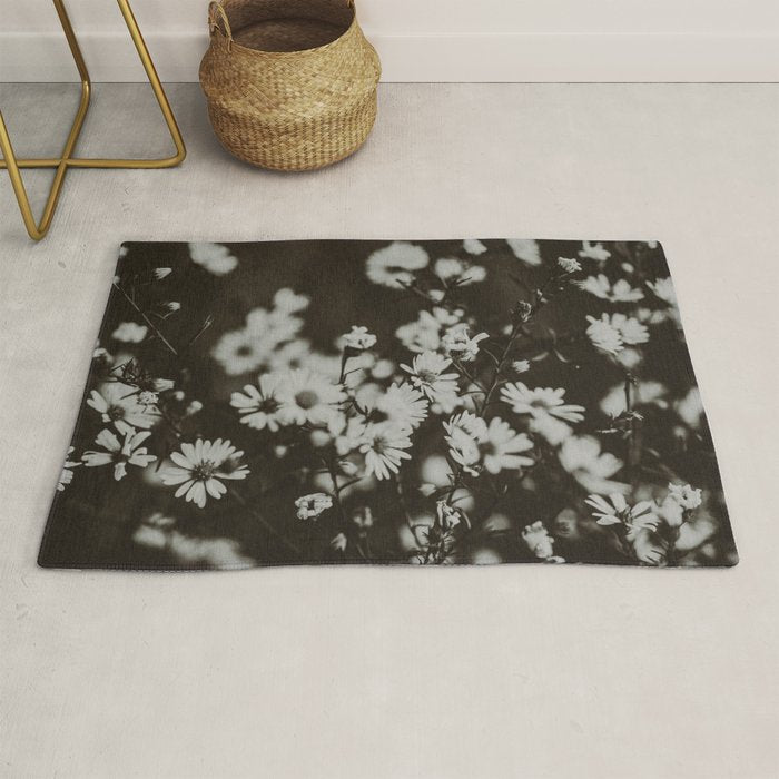 Evening Daisies x flower photograph black and white botanical Rug Gallery Image 1