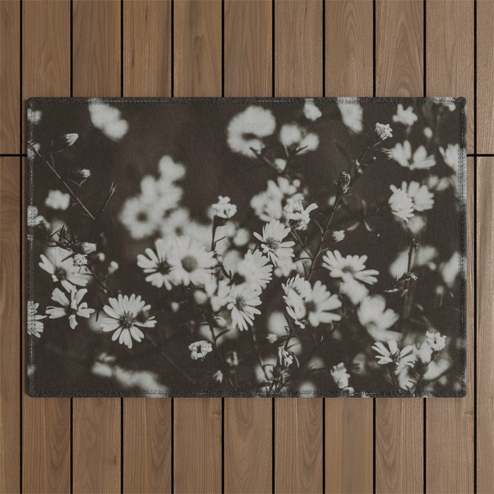 Evening Daisies x flower photograph black and white botanical Outdoor Rug Gallery Image 1