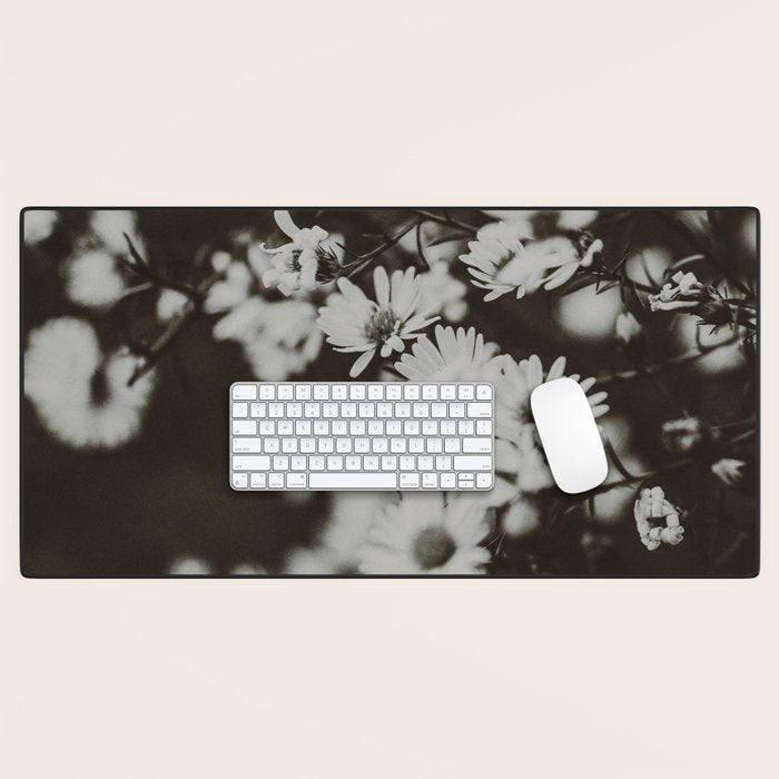 Evening Daisies x flower photograph black and white botanical Desk Mat Gallery Image 1
