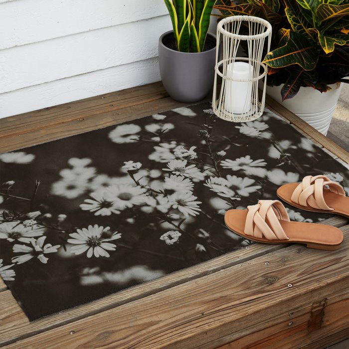 Evening Daisies x flower photograph black and white botanical Outdoor Rug Gallery Image 2