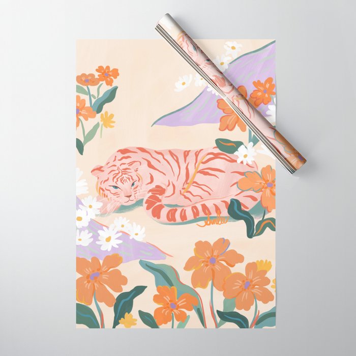 Pink Tiger in Wild Garden  Wrapping Paper Gallery Image 1