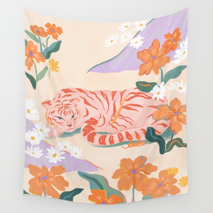Pink Tiger in Wild Garden  Wall Tapestry Gallery Image 4