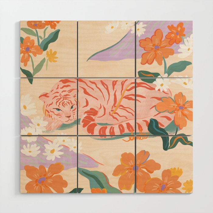 Pink Tiger in Wild Garden  Wood Wall Art Gallery Image 1