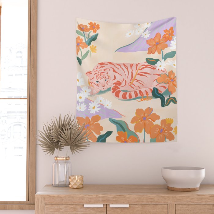 Pink Tiger in Wild Garden  Wall Tapestry Gallery Image 2