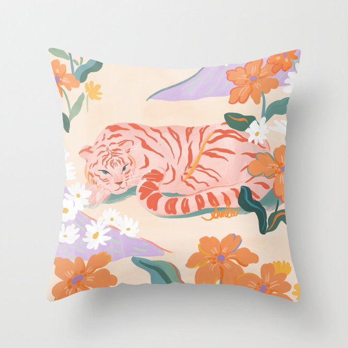 Pink Tiger in Wild Garden  Throw Pillow Gallery Image 1