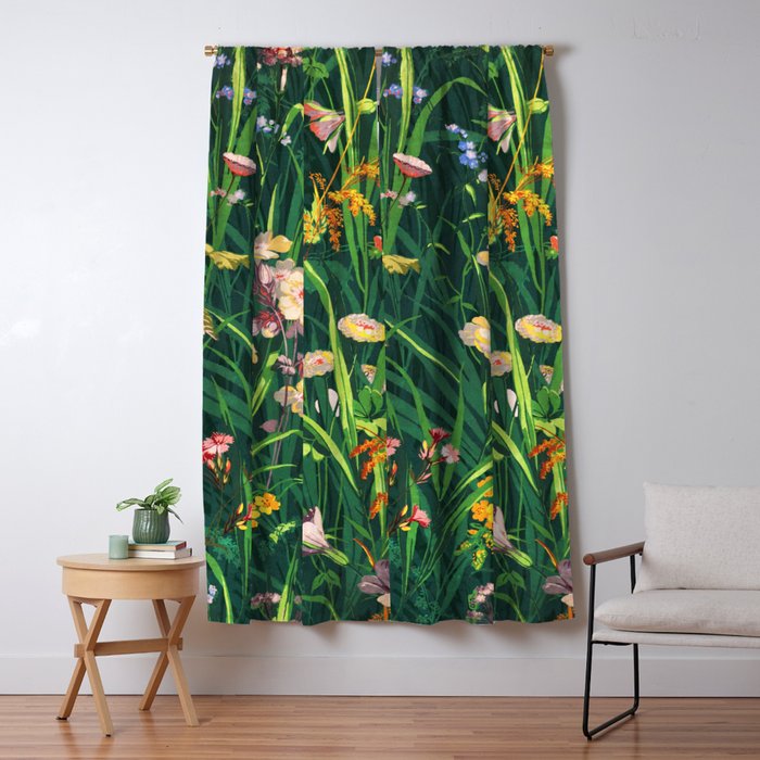 Riot of colorful flowers landscape floral painting, grass with lavender, yellow and pink wildflowers Window Curtain Gallery Image 5