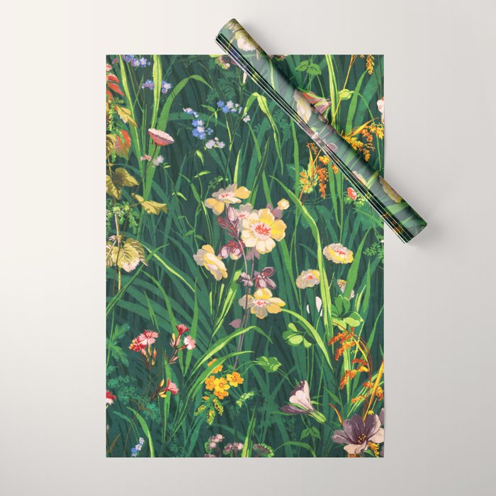 Riot of colorful flowers landscape floral painting, grass with lavender, yellow and pink wildflowers Wrapping Paper Gallery Image 1