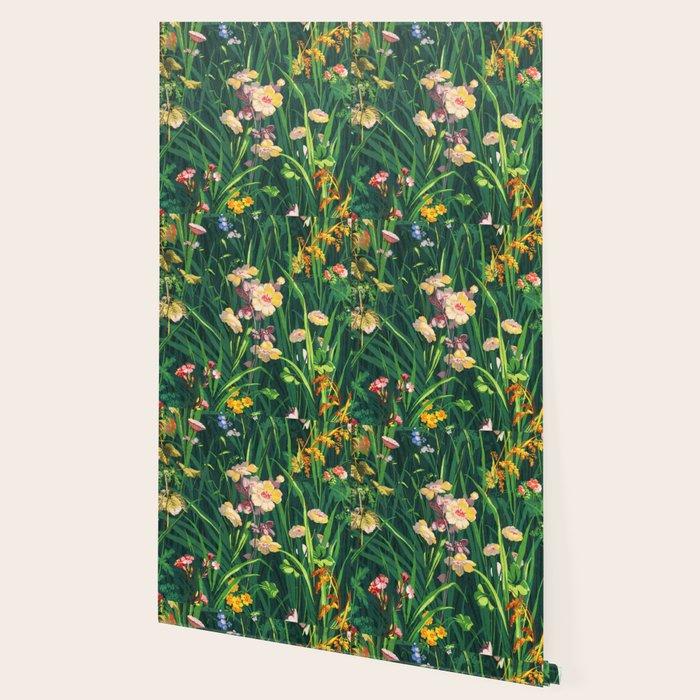 Riot of colorful flowers landscape floral painting, grass with lavender, yellow and pink wildflowers Wallpaper Gallery Image 2