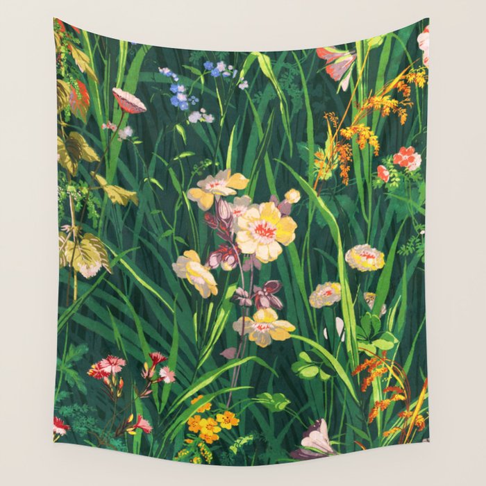 Riot of colorful flowers landscape floral painting, grass with lavender, yellow and pink wildflowers Wall Tapestry Gallery Image 4