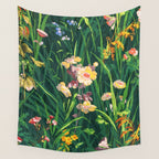Riot of colorful flowers landscape floral painting, grass with lavender, yellow and pink wildflowers Wall Tapestry Gallery Image 4