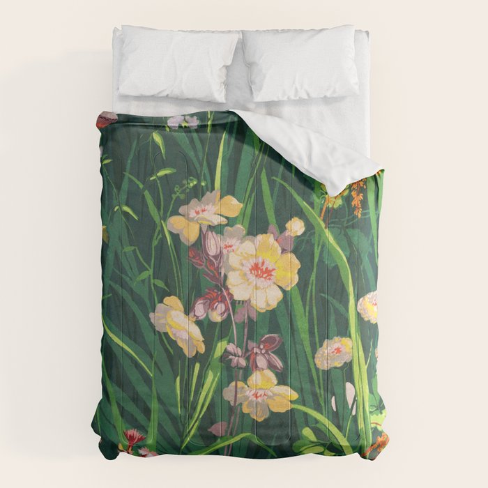 Riot of colorful flowers landscape floral painting, grass with lavender, yellow and pink wildflowers Comforter Gallery Image 6