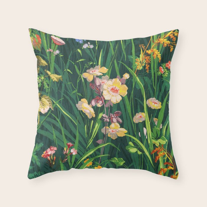 Riot of colorful flowers landscape floral painting, grass with lavender, yellow and pink wildflowers Throw Pillow Gallery Image 1