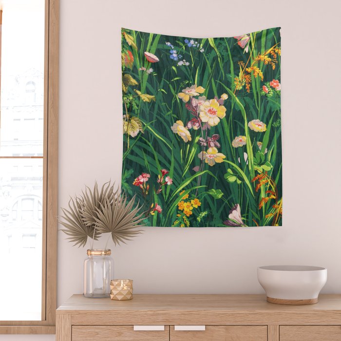 Riot of colorful flowers landscape floral painting, grass with lavender, yellow and pink wildflowers Wall Tapestry Gallery Image 2