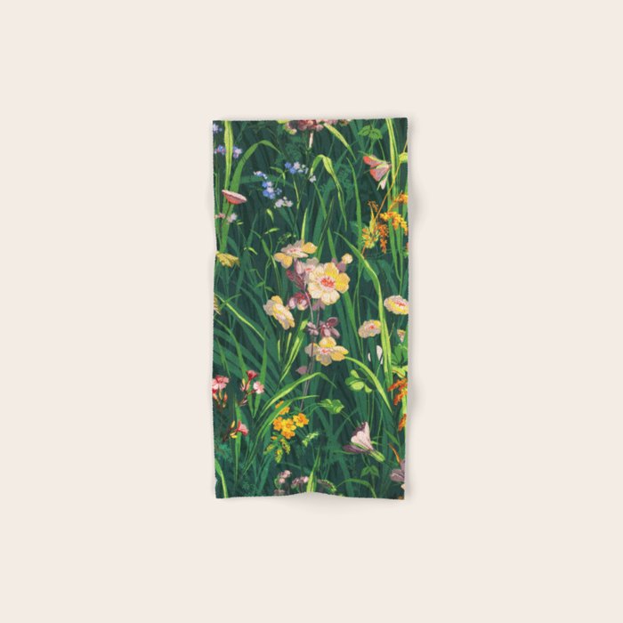 Riot of colorful flowers landscape floral painting, grass with lavender, yellow and pink wildflowers Bath Towel Gallery Image 1