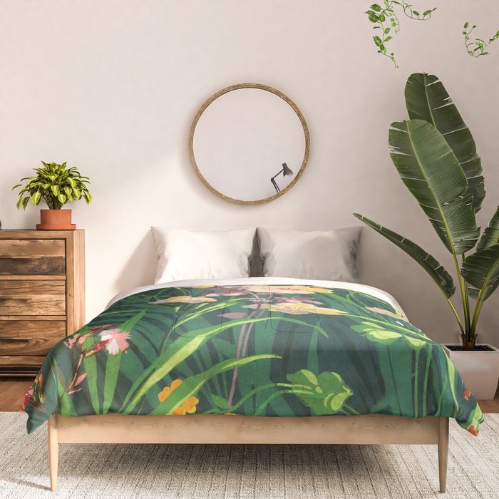 Riot of colorful flowers landscape floral painting, grass with lavender, yellow and pink wildflowers Comforter Gallery Image 3